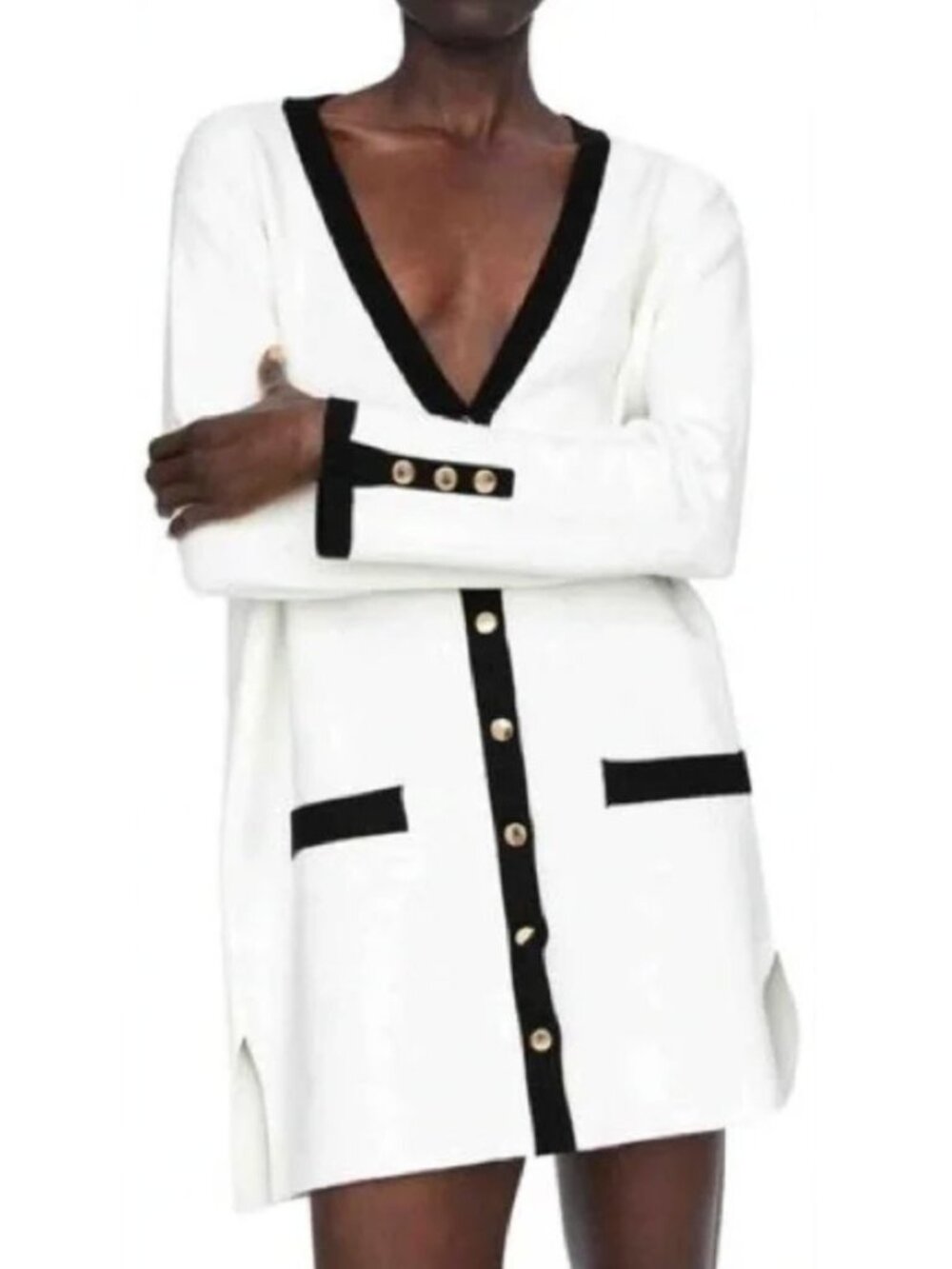 Zara Knit Cardigan Dress White Black Trim Gold Buttons Quiet Luxury Small